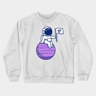 Cute Astronaut Sitting On Planet Holding Flag Crewneck Sweatshirt